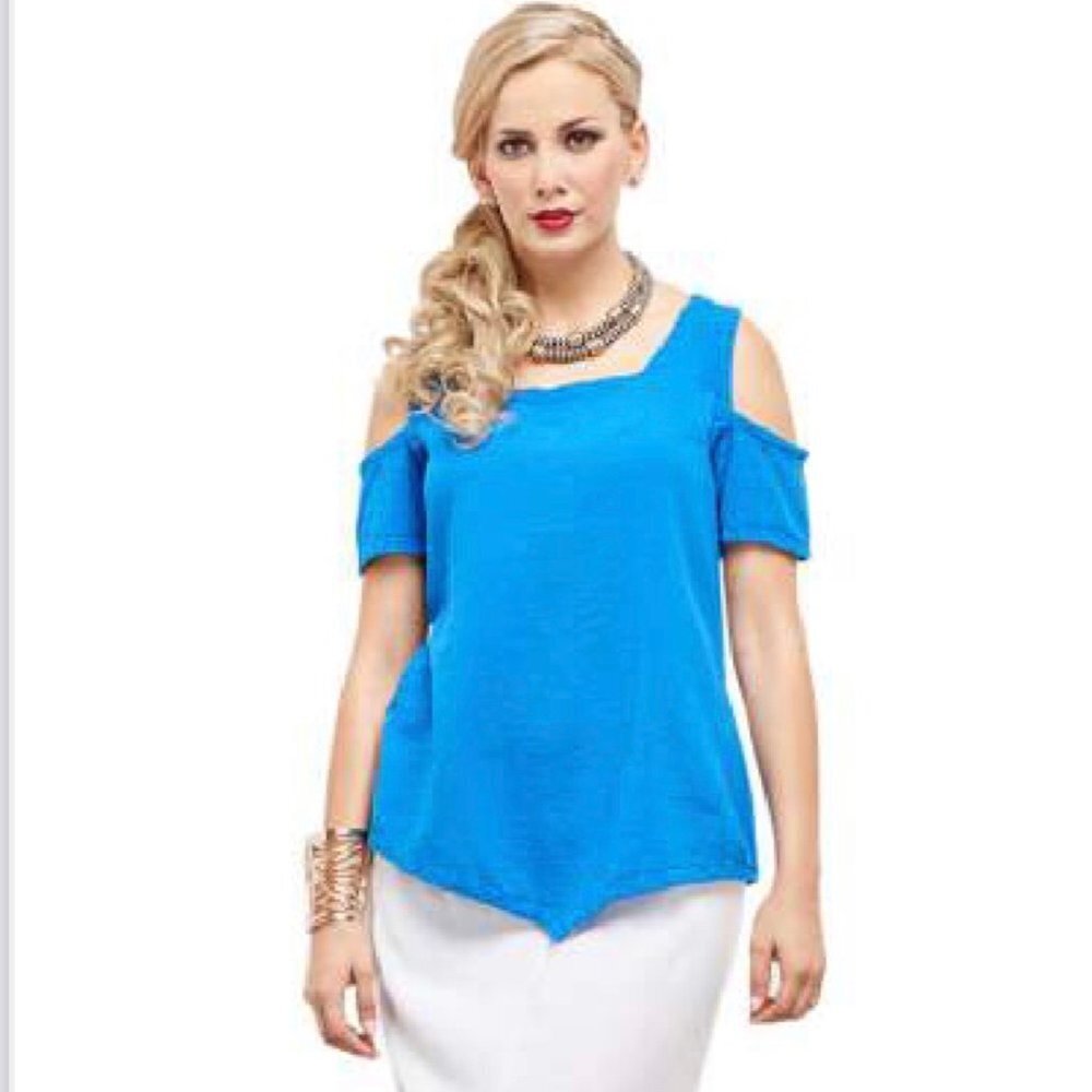 Oh My Gauze! Dana Blouse Tunic 100% Cotton Lagenlook Cutout Shoulder Blue L/XL